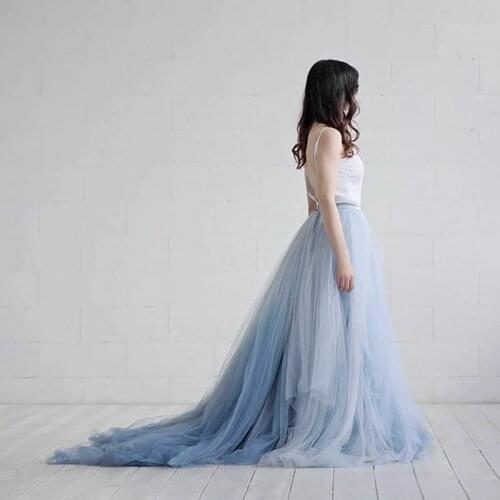 Fairy Long Train Wedding Skirt Vintage Soft Tulle Bridal Skirt Dusty Blue Floor Length Maxi Tutu Skirt Wedding Party Gowns