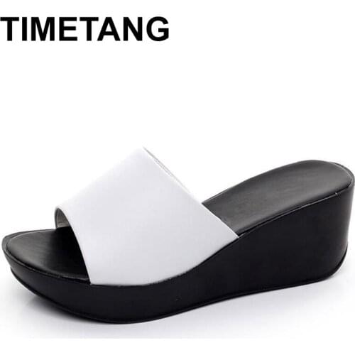TIMETANG 2019 New Summer Platform Wedges Sandals Shoes Fashion Non-slip Shoes Woman Sandals Real Black White Leather Slippers