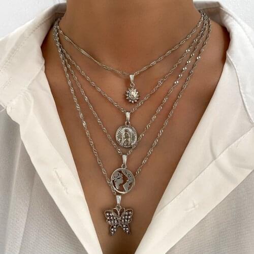 Vintage Multi-layer Silver Color Butterfly Crystal Necklace For Women Coin Portrait Pendant Clavicle Chain Necklace Boho Jewelry