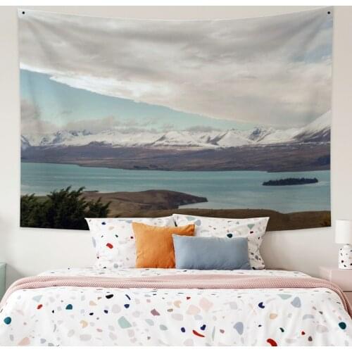 Green Lake and Mountains Scenery Tapestry Vintage Exotic Summer Plant Nature Frame for Bedroom Photography Wall Decor