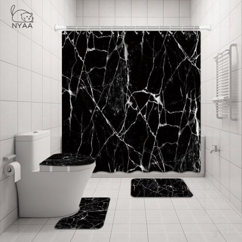 Waterproof Modern Black Marble Stripes Shower Curtains Bath Bathtub Curtains Non-Slip Bath Mat Rug Toilet Lid Cover Bathroom Set