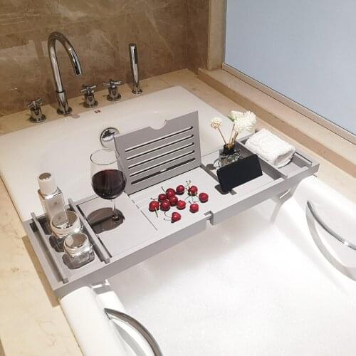 Extendable Bamboo Bathtub Tray Caddy Bath Tub Tray Book Wine Tablet Holder Reading Shelf Bathroom Organizer Nonslip Bottom Rack