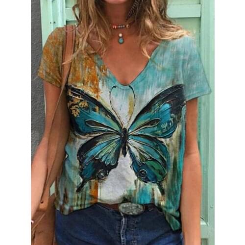 Ladies Multicolor Butterfly Face Printing Short Sleeve V-Neck Pullover Loose Casual T-Shirt Women Top Clothes Free Shipping