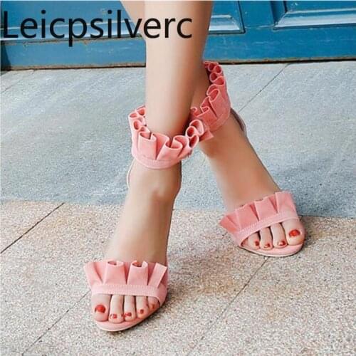 Womens Sandals summer The New Fashion Flock Solid Ruffles Open toe Buckle Fine heel High heel Womens shoe plus size 34-52