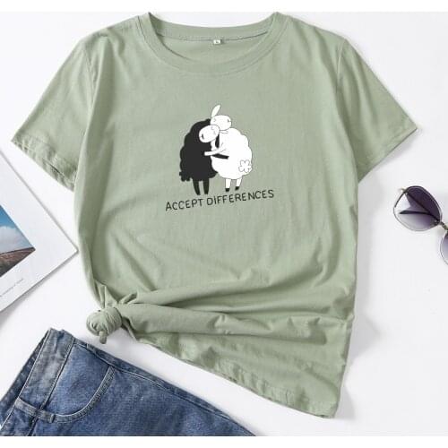 Accept Differences Black White Sheep Woman T-Shirt Short Sleeve T-Shirts Summer Tops for Women Cotton Graphic Tee Female Clothes