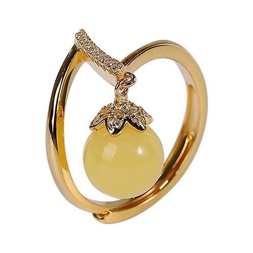 S925 sterling silver gold plated natural amber ring temperament personality fashion irregular ladies ring