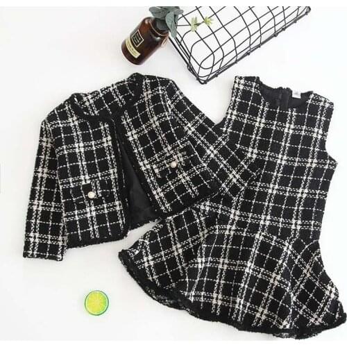 Black and White Plaid Woolen Coat Two-pieces 2020 Girls Autumn Winter New Fragrance Vest Dresses + Jackets Skirt Suits for Girls