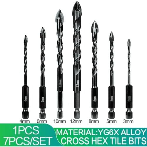 1/7Pcs/Set Cross Hex Tile Bits Glass Ceramic Concrete Hole Opener Kit Hard Alloy Drill Size 3/4/5/6/8/10/12 MM Drill Tools