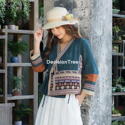 2021 female floral printed chinese daily casual blouse national chinese style hanfu tops for women cotton linen chinese hanfu