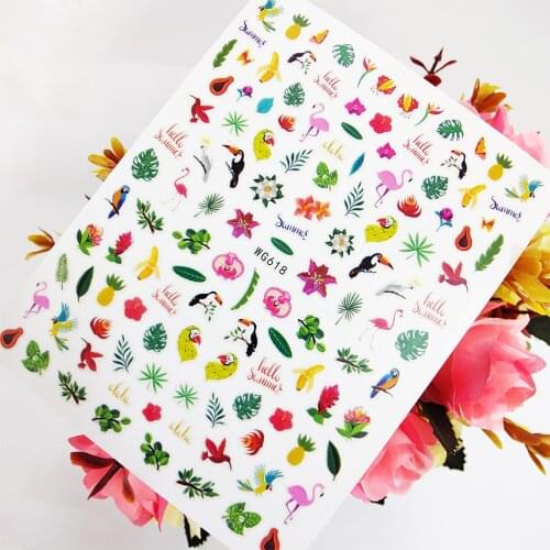 Hello Summer 3D Nail Sticker Art Slider Foil Flower Birds Flamingo Design Nails Decoraciones Self Adhesive Manicure Accesorios