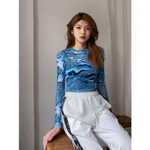 Niche tone design Retro Tie Dyed mesh long sleeve T-shirts short slim fit with top sun protection primer tees