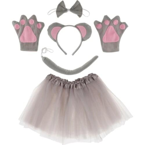 Girls Animal Mouse Costume Set Headband Tails Bow Tie Gloves Tutu Skirt Kids Cosplay Fancy Dress Props