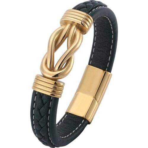 Irregular Winding Graphic Accessories Gold Stainless Steel Mens Leather Bracelets Green Magnet Clasp Wristband Male Gift PD0767