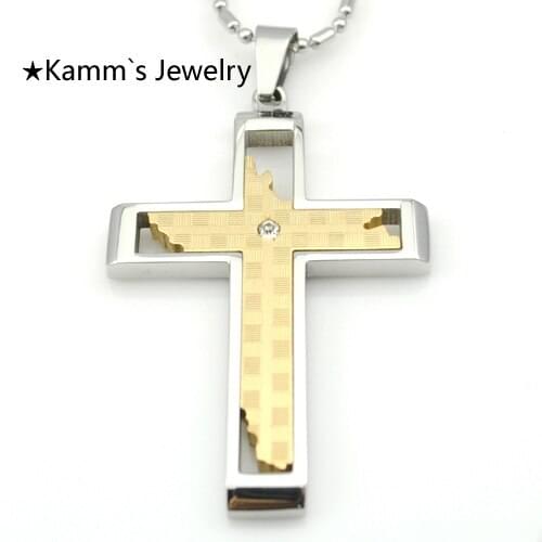 AMUMIU Fashion Cross Hot Sale Rhinestone Stainless Steel Pendant Necklace Wholesale KP847