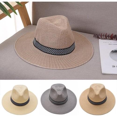 Fashion Summer Casual Unisex Beach Large Brim Sun Hats Panama Hat Straw Hat For Women Men UV Protection Cap With Black Ribbon