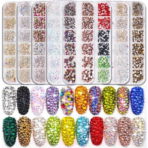 1 Box Flatback Glass Nail Rhinestones Mixed Sizes AB Crystal Strass 3D Charm Gems DIY Manicure Nail Art Decorations