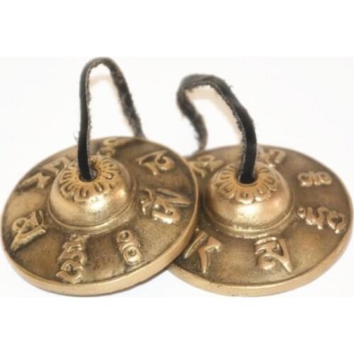 TBC847 Tibetan Buddhist Singing Bells Pair Tibet Mantras Cymbals OM MANI PAD ME HUM Brass Golden