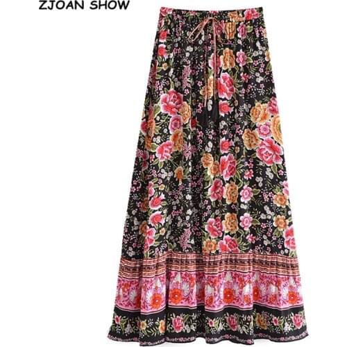 2021 Bohemia Black Pink Floral Print Long Skirt Spliced Ruched Ruffle Hem Hippie Women Tassel Bow Waist Swing Skirts Holiday