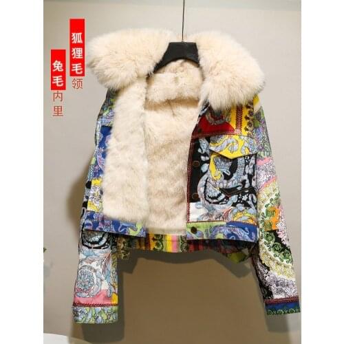2021 new retro fashion printed embroidered denim jacket female autumn winter real fox fur collar coat plus velvet short parka