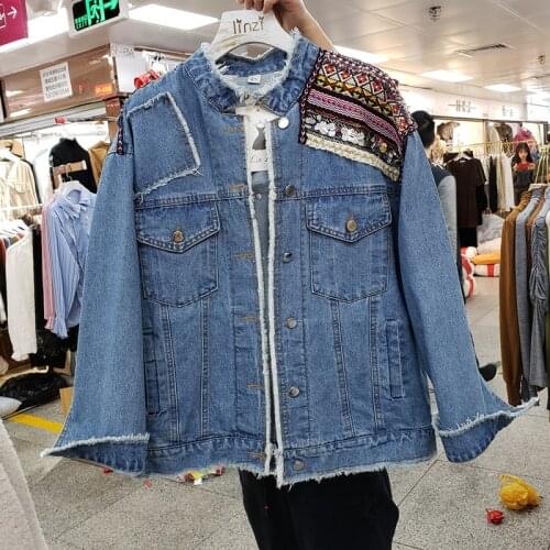 Vintage Striped Embroidery Women Loose Frayed Burr Sequin Patchwork Blue Denim Jacket Autumn 2021 Casual Long Sleeve Female Coat