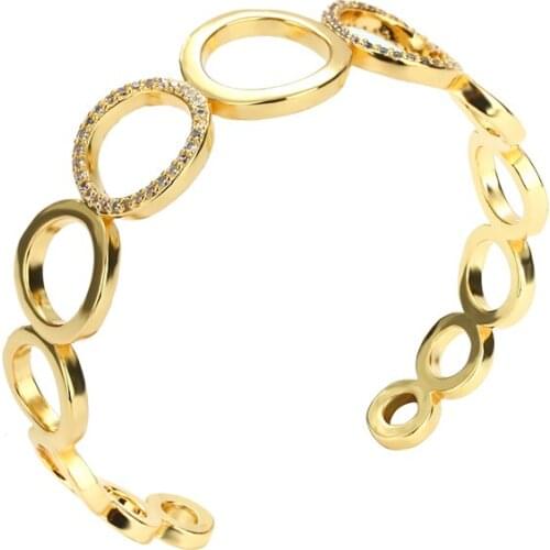 Womens Gold Bangles Bracelets Round Copper Cubic Zirconia 18K Gold Plated Adjustable Open Bangles Heart Hollow Bangle
