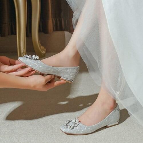 Wedding Shoes Womens Flat Bottomed Dress Square Toe Round Head 2021 New Summer Pregnant Bridal Shoes Low Heel Crystal Shoes