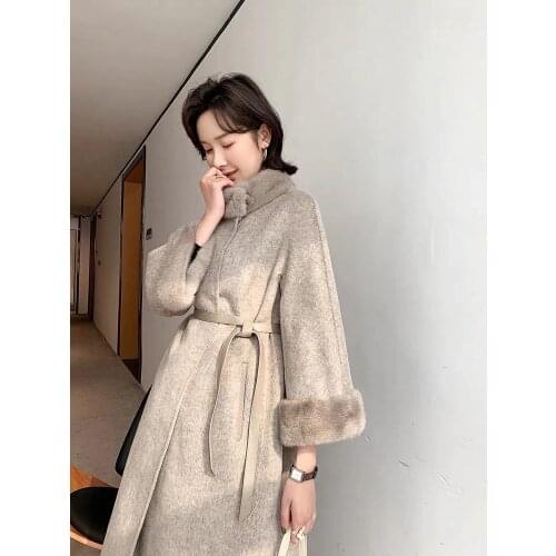 2021 Winter Handmade Double Side Woolen Cashmere Long Womens Warm Slim Wool Coat Real Mink Fur Collar Cashmere Coat with Belt