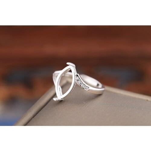 Sterling Silver 925 Women Engagement Wedding Semi Mount Ring for 8x14mm Marquise Cabochon Fine Jewelry