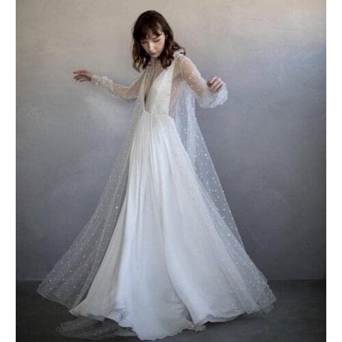 1442#Two Pieces Long Sleeve Pearl Tulle Sweep Train Bride Gown Wedding Dress Bride Dress vestidos de novia