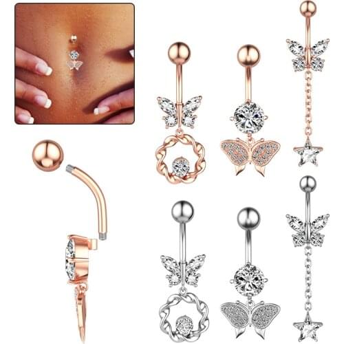 1pc Flower Heart Dangled Curvy Belly Navel Piercing Button Ring 14G Stainless Steel Crystal Woman Body Jewelry