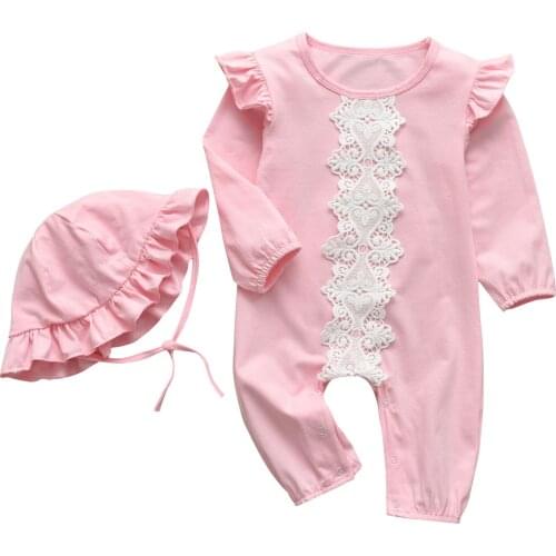 Princess Style Baby Girl Clothes Girls Clothing Set Lace Trim Newborn Rompers Jumpsuit+Hats 2pcs Baby oddler Combination Outfits