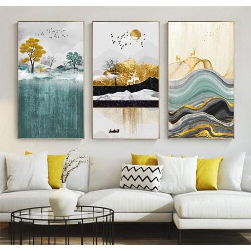 Abstract Golden Foil Canvas Painting Modern Gold Sun Deer Wall Art Picture For Living Room Nordic Blue Green Block Poster Print