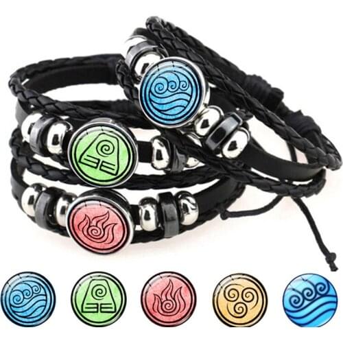 Avatar The Last Airbender Bracelet Air Nomad Fire and Water Tribe Glass Snap Button Multilayer Braided Leather Bracelet Men Gift