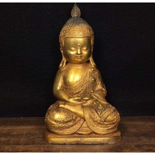 Home Decor 11" Tibet Buddhism Temple Old Bronze Gilt Baby Buddha Statue Prince Buddha Amitabha Enshrine the Buddha