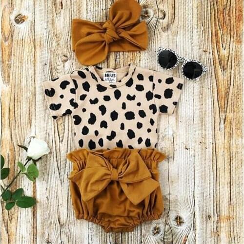 Newborn Kid Baby Girls Summer Clothes Sets Short Sleeve Leopard Print Rompers Tops Bowknot Shorts Headband Girls Clothing