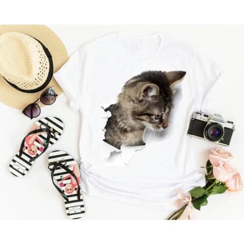 Cat ripped paper pattern Fashion shirt Fashion Plus Size Women Harajuku Short Sleeve Mama Top Tees O Neck Cotton Mother Casual