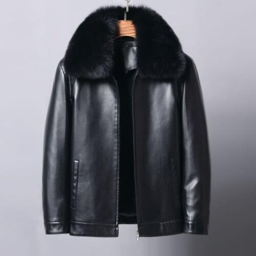 Middle aged and old leather mens fox hair collar short knick detachable liner fur coat