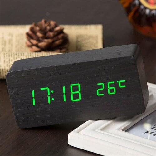 Square Wooden LED Alarm Clocks Temperature Electronic Clock Sounds Control Digital LED Display Desktop Calendar Table clock