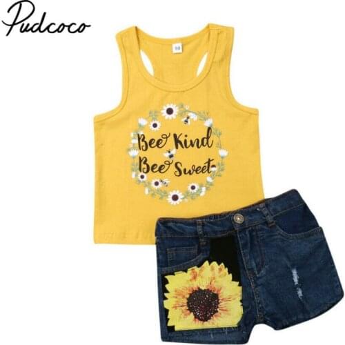 Summer Lovely Kids Baby Girls Sunflowers Sets Clothes Sleeveless Tank Tops +Hole Denim Shorts Girl 2Pcs 1-6Y