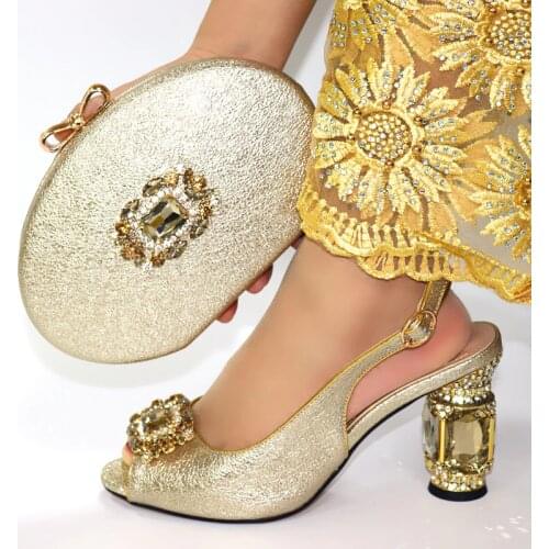 Hot sale gold women pumps with big crystal heel style african dress shoes match handbag set VC105,heel 10CM