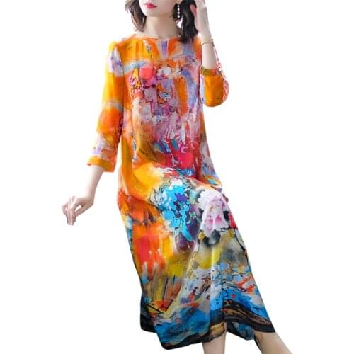 Fashion Print Women Dress European And American Summer Imitate Real Silk Dress Loose Temperament Round Collar Lady Dresses
