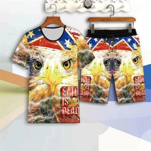 Mens short-sleeved T-shirt + shorts 2-piece set of casual loose casual clothes 3D eagle beak printing mens clothingM-4XL
