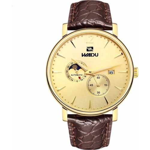 Simple Style 42mm Automatic Men Watch Sun Moon Phase and 24hours Mens Mechanical Wristwatches Brown leather strap A73