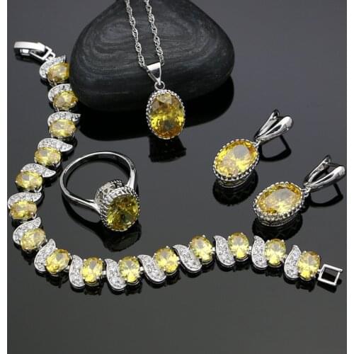 Golden Yellow Crystal Zircon Created 925 Sterling Silver Jewelry Sets For Women Earrings/Ring/Bracelet/Necklace/Pendant Free Box