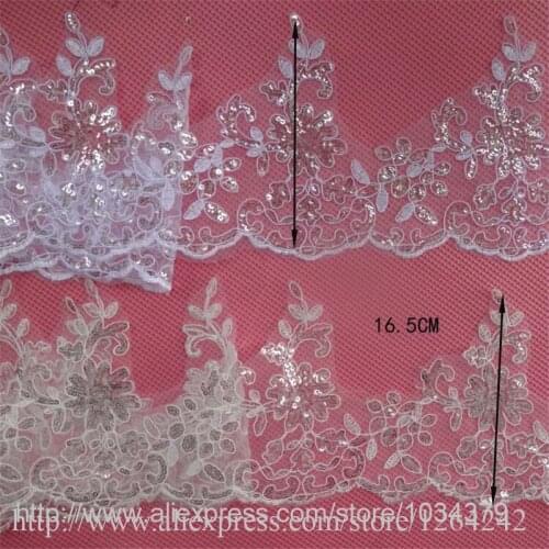 Delicate 3meters 16.5cm Sequins Ivory White Fabric Flower Venise Venice Lace Trim Applique Sewing Craft for Wedding Dec. LW0339