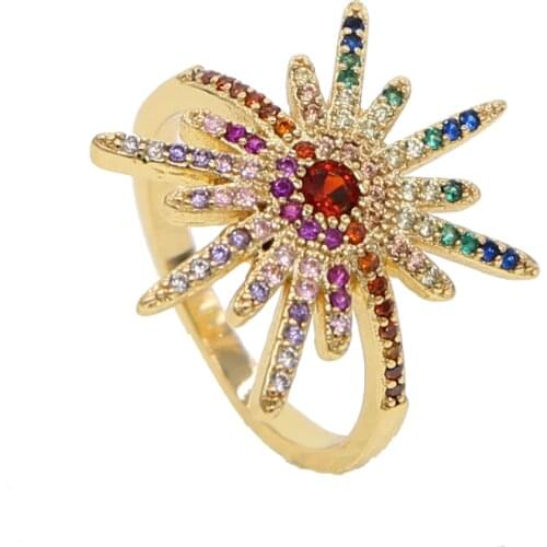 Gold filled fashion women lady jewelry micro pave cz star burst north star sparking bling bright colorful engagement ring