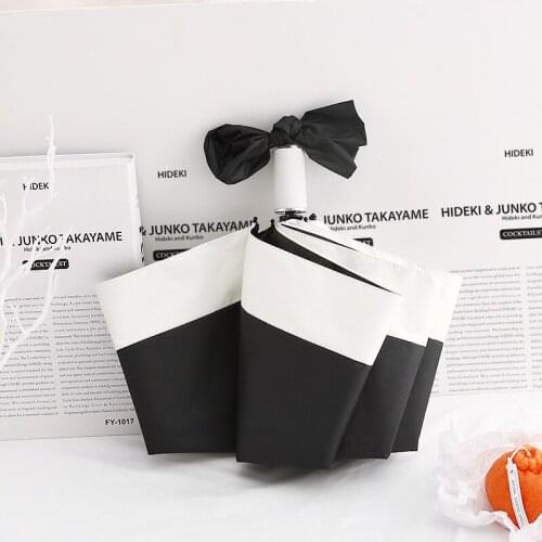 Simple French Style Black And White Umbrella,Womens Automatic Sun For Rain And Sun Day Folding Uv Umbrella