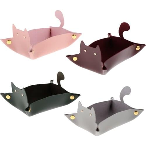 Folding Storage Box PU Leather Cat Shape Table Tray Coin Keys Purse Holder