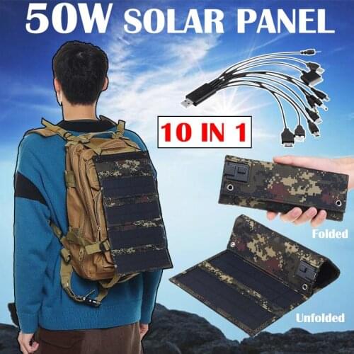 50W 5V Foldable Solar Panel with 10 In1 USB Cable Portable Hook Waterproof Emergency Charger Solar Cells for Phone Camping