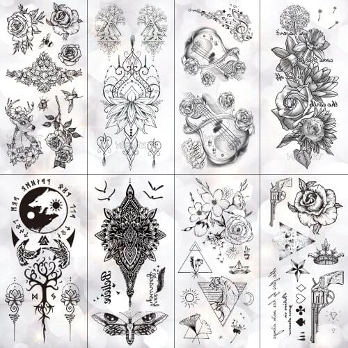 Minimal Line Rose Cornflower Waterproof Temporary Tattoo Sticker Totem Cello Flash Tattoos Body Art Fake Arm tatoo Women